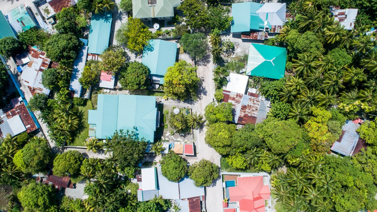 Guesthouse de Fuvahmulah avec végétation tropicale et ciel bleu aux Maldives